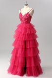 Sparkly Fuchsia A Line Sequins Tie Back Tiered Long Prom Dress with Slit