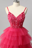 Sparkly Fuchsia A Line Sequins Tie Back Tiered Long Prom Dress with Slit