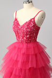 Sparkly Fuchsia A Line Sequins Tie Back Tiered Long Prom Dress with Slit