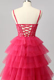 Sparkly Fuchsia A Line Sequins Tie Back Tiered Long Prom Dress with Slit