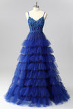 Sparkly Royal Blue A Line Sequins Tiered Tie Back Corset Long Prom Dress with Slit