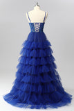 Sparkly Royal Blue A Line Sequins Tiered Tie Back Corset Long Prom Dress with Slit