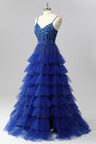 Sparkly Royal Blue A Line Sequins Tiered Tie Back Corset Long Prom Dress with Slit