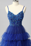Sparkly Royal Blue A Line Sequins Tiered Tie Back Corset Long Prom Dress with Slit