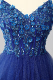 Sparkly Royal Blue A Line Sequins Tiered Tie Back Corset Long Prom Dress with Slit
