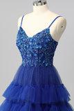 Sparkly Royal Blue A Line Sequins Tiered Tie Back Corset Long Prom Dress with Slit