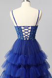 Sparkly Royal Blue A Line Sequins Tiered Tie Back Corset Long Prom Dress with Slit