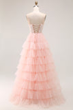 Blush A Line Sequins Tiered Spaghetti Straps Corset Long Prom Dress with Slit