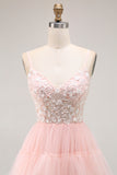 Blush A Line Sequins Tiered Spaghetti Straps Corset Long Prom Dress with Slit