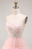 Blush A Line Sequins Tiered Spaghetti Straps Corset Long Prom Dress with Slit
