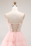 Blush A Line Sequins Tiered Spaghetti Straps Corset Long Prom Dress with Slit