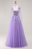 Purple A-Line Sequins Tie Back Long Prom Dress with Appliques