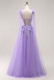 Purple A-Line Sequins Tie Back Long Prom Dress with Appliques