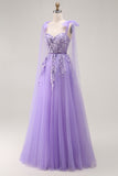 Purple A-Line Sequins Tie Back Long Prom Dress with Appliques