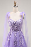 Purple A-Line Sequins Tie Back Long Prom Dress with Appliques