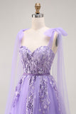 Purple A-Line Sequins Tie Back Long Prom Dress with Appliques
