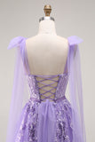 Purple A-Line Sequins Tie Back Long Prom Dress with Appliques
