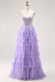 Purple A-Line Sequins Spaghetti Straps Long Prom Dress with Ruffles