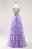 Purple A-Line Sequins Spaghetti Straps Long Prom Dress with Ruffles