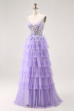 Purple A-Line Sequins Spaghetti Straps Long Prom Dress with Ruffles