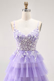 Purple A-Line Sequins Spaghetti Straps Long Prom Dress with Ruffles