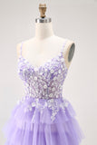 Purple A-Line Sequins Spaghetti Straps Long Prom Dress with Ruffles