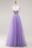 Purple A-Line Sequins Spaghetti Straps Long Prom Dress with Lace Up Back