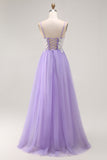 Purple A-Line Sequins Spaghetti Straps Long Prom Dress with Lace Up Back