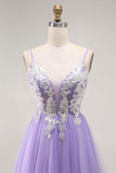 Purple A-Line Sequins Spaghetti Straps Long Prom Dress with Lace Up Back