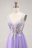 Purple A-Line Sequins Spaghetti Straps Long Prom Dress with Lace Up Back