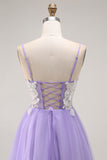 Purple A-Line Sequins Spaghetti Straps Long Prom Dress with Lace Up Back