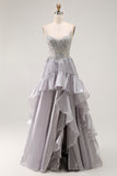 Grey A-Line Ruffled Spaghetti Straps Corset Long Prom Dress with Slit