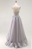 Grey A-Line Ruffled Spaghetti Straps Corset Long Prom Dress with Slit