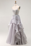 Grey A-Line Ruffled Spaghetti Straps Corset Long Prom Dress with Slit