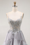 Grey A-Line Ruffled Spaghetti Straps Corset Long Prom Dress with Slit