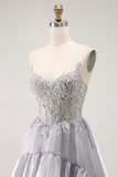 Grey A-Line Ruffled Spaghetti Straps Corset Long Prom Dress with Slit