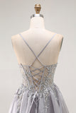 Grey A-Line Ruffled Spaghetti Straps Corset Long Prom Dress with Slit