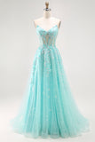 Green Strapless Sequins A Line Corset Long Prom Dress with Keyhole