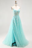 Green Strapless Sequins A Line Corset Long Prom Dress with Keyhole