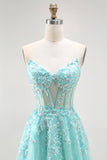 Green Strapless Sequins A Line Corset Long Prom Dress with Keyhole