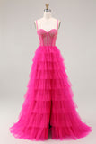 Fuchsia A Line Spaghetti Straps Corset Tiered Ruffled Long Prom Dress with Slit