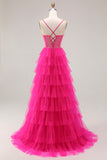 Fuchsia A Line Spaghetti Straps Corset Tiered Ruffled Long Prom Dress with Slit