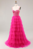 Fuchsia A Line Spaghetti Straps Corset Tiered Ruffled Long Prom Dress with Slit