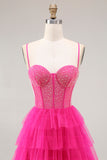 Fuchsia A Line Spaghetti Straps Corset Tiered Ruffled Long Prom Dress with Slit