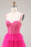 Fuchsia A Line Spaghetti Straps Corset Tiered Ruffled Long Prom Dress with Slit