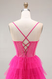 Fuchsia A Line Spaghetti Straps Corset Tiered Ruffled Long Prom Dress with Slit