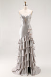 Grey Sheath Ruffled Spaghetti Straps Corset Long Prom Dress with Slit