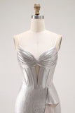 Grey Sheath Ruffled Spaghetti Straps Corset Long Prom Dress with Slit