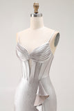 Grey Sheath Ruffled Spaghetti Straps Corset Long Prom Dress with Slit
