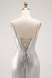 Grey Sheath Ruffled Spaghetti Straps Corset Long Prom Dress with Slit